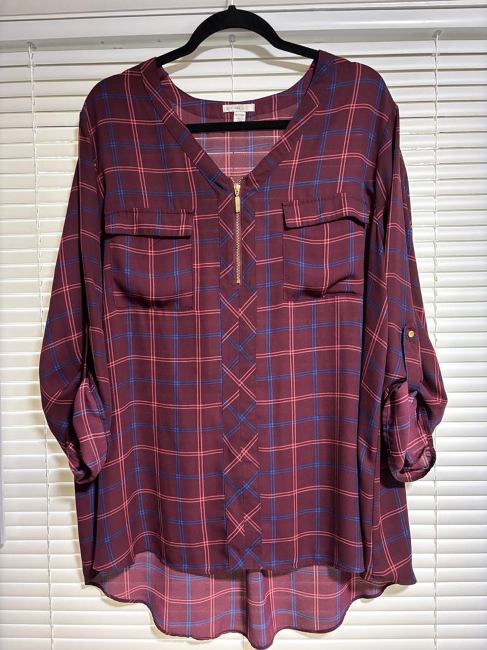 Plaid Zip-Front Blouse - Burgundy